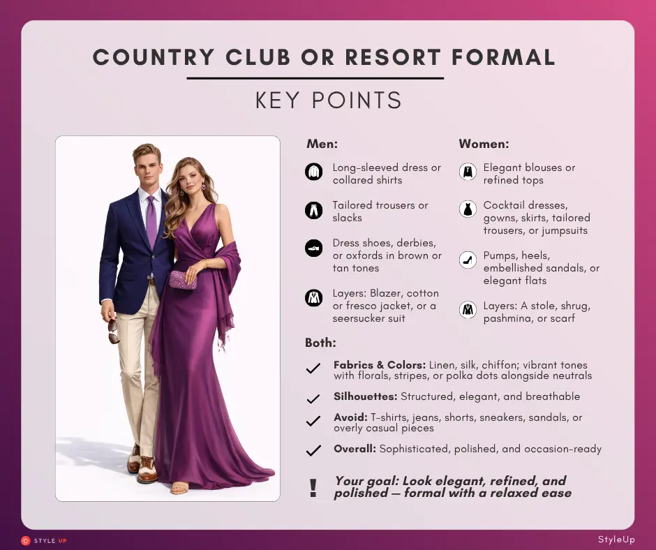 All Dress Codes Explained by StyleUp Country Club Formal, Resort Formal or Resort Evening Attire for Women and Men Key Points